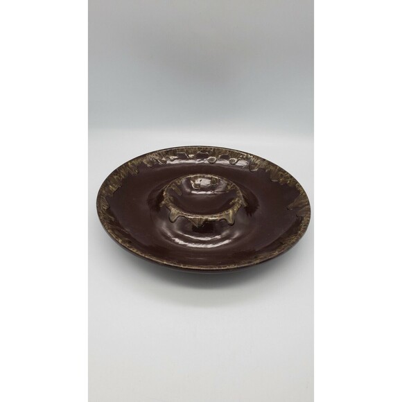 Vintage Chip & Dip Pottery Serving Bowl Brown Drip Glaze Marked LF - Picture 10 of 12
